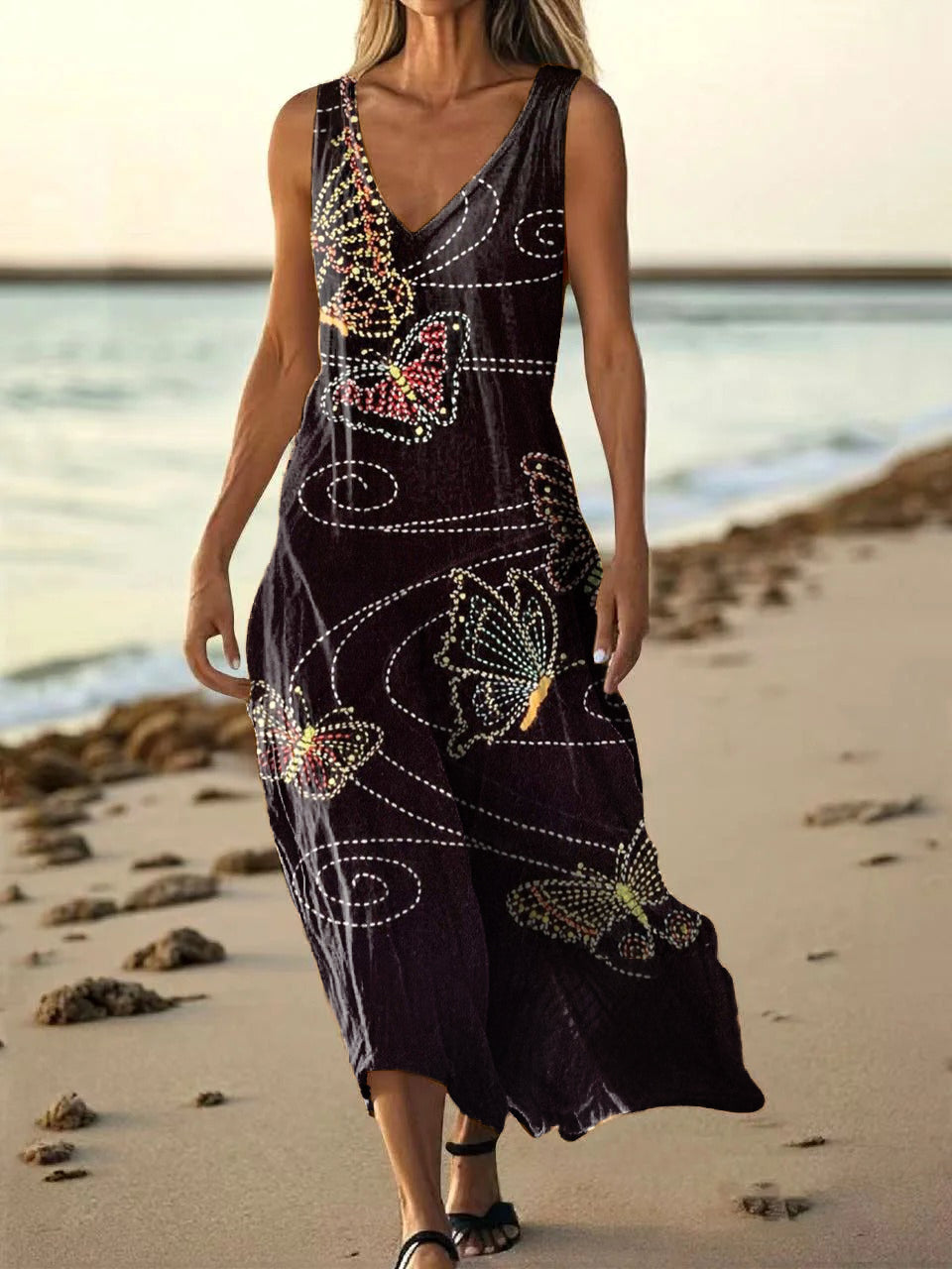 Women's Butterfly Pattern Art Print Sleeveless Cotton Blouse