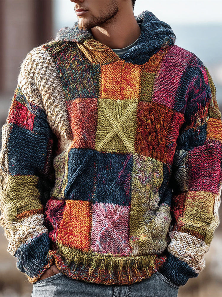 Vintage Western Geometric Patchwork Men's Chunky Knit Hooded Sweater artswardrobe