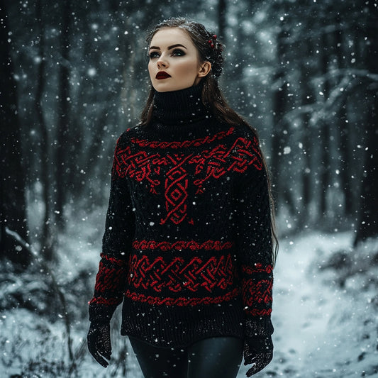 Viking Pattern Cozy Turtleneck Knit Sweater artswardrobe