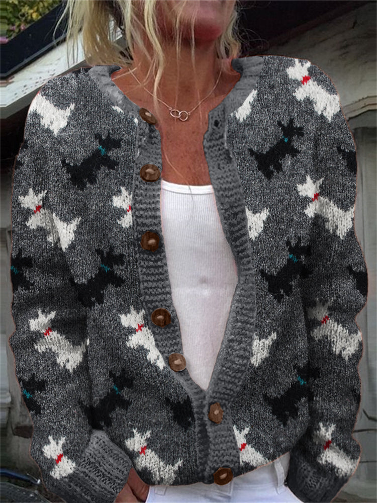 Comstylish Fuzzy Scottish Terrier Dogs Pattern Cozy Knit Cardigan