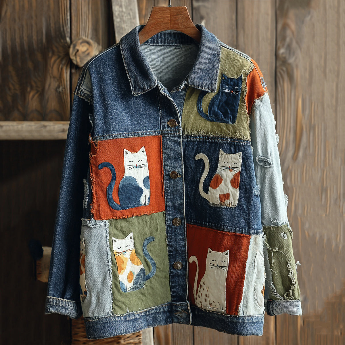 Comstylish Women's Casual Cute Patchwork Cat Pattern Denim Jacket