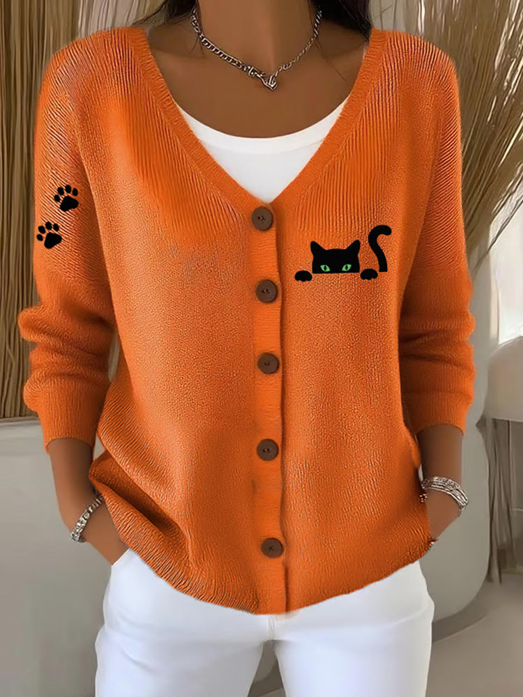 Women's Cute Cat Print Casual Knitted Cardigan elevenforest