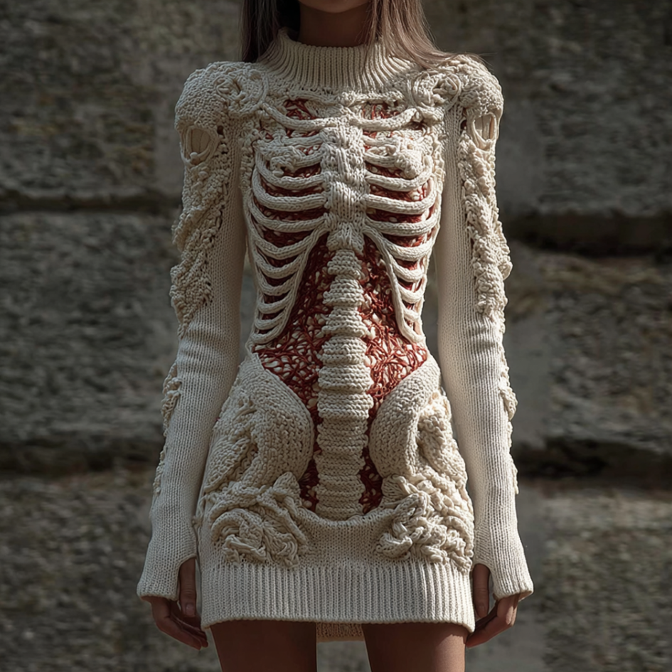 Halloween Women's Anatomy Skeleton Design Knit Sweater Dress artswardrobe