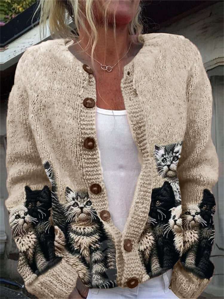 Comstylish Fuzzy Cats Crochet Art Cozy Knit Cardigan