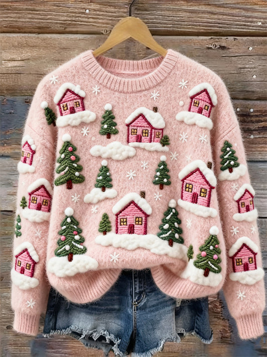 Christmas Pink Cottage Snowy Landscape Cozy Knit Sweater