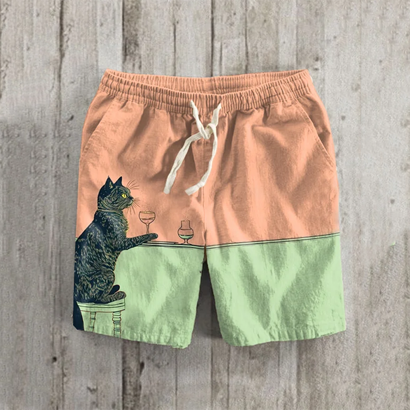 Retro Chilling Champagne Black Cat Color Block Print Shorts elevenforest