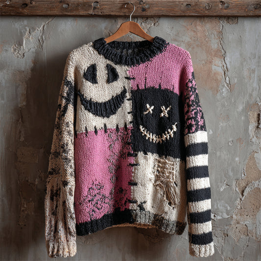 Halloween Spooky Faces Patchwork Stitched Cozy Knit Sweater artswardrobe