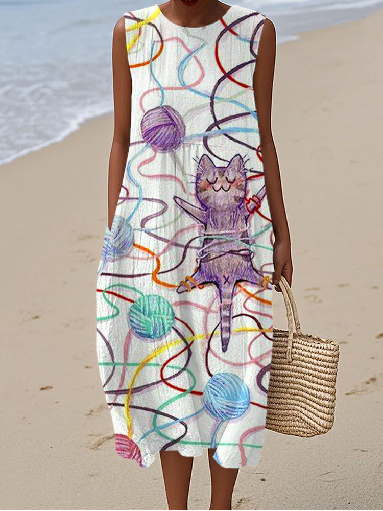 Wool Ball Cat Patterned Women's Linen Vest Dress