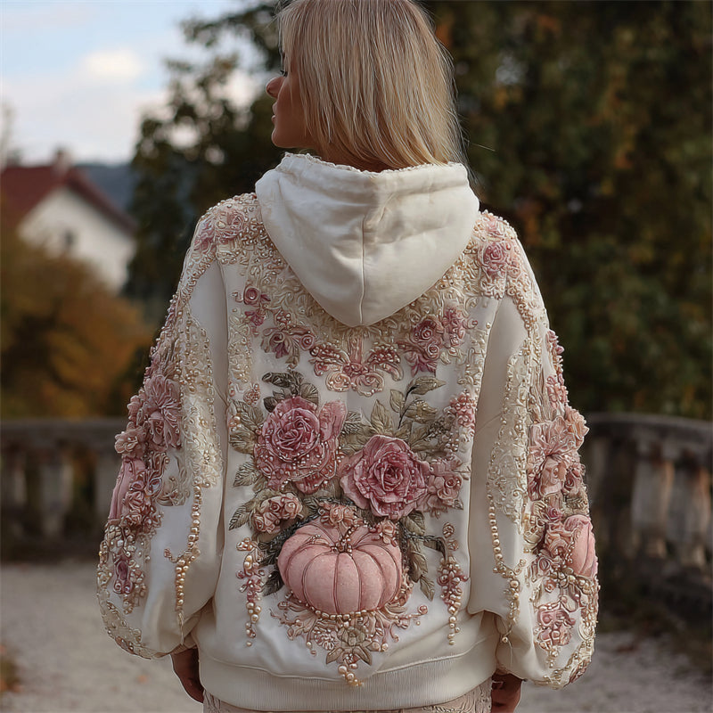 Comstylish Vintage Thanksgiving Pink Pumpkin & Roses Beaded Hoodie