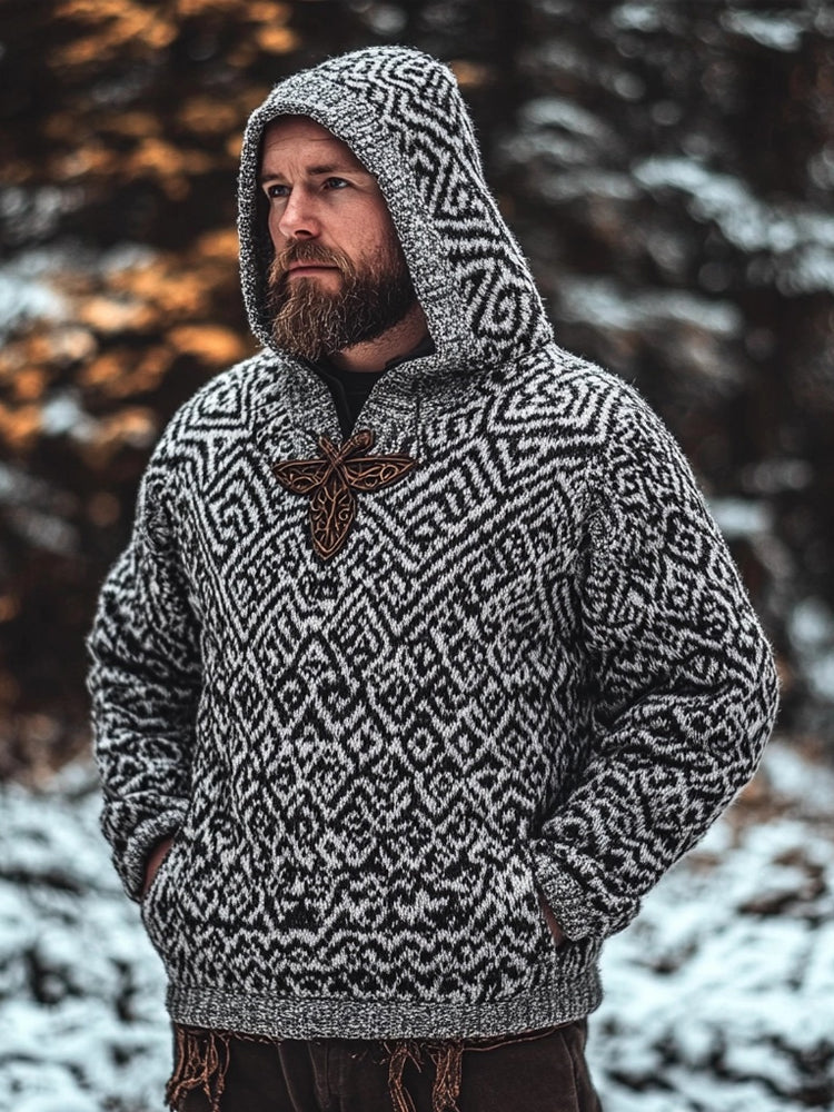 Men's Viking Inspired Celtic Jacquard Cozy Hooded Sweater elevenforest