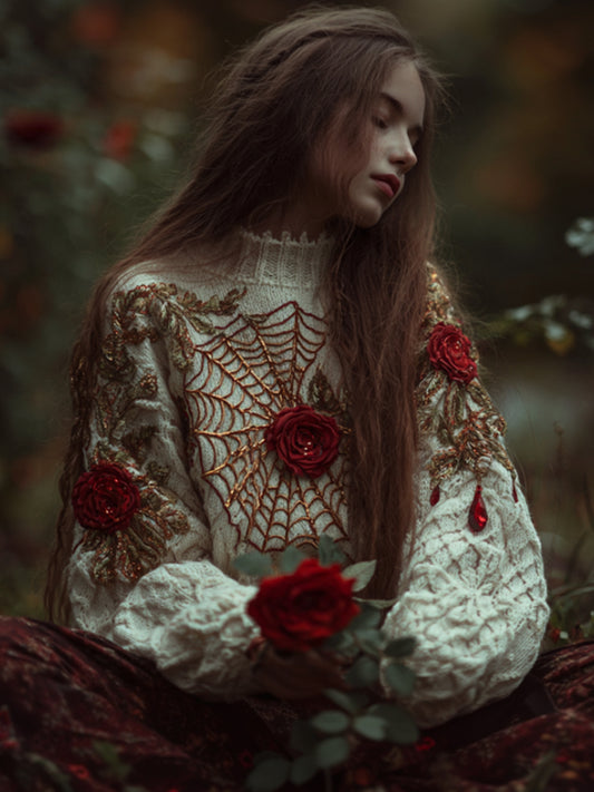 Women Halloween Spider Silk Roses Make Old Round Neck Sweaters artswardrobe