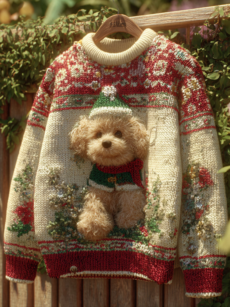 Christmas Cute Teddy Dog Round Neck Sweater artswardrobe