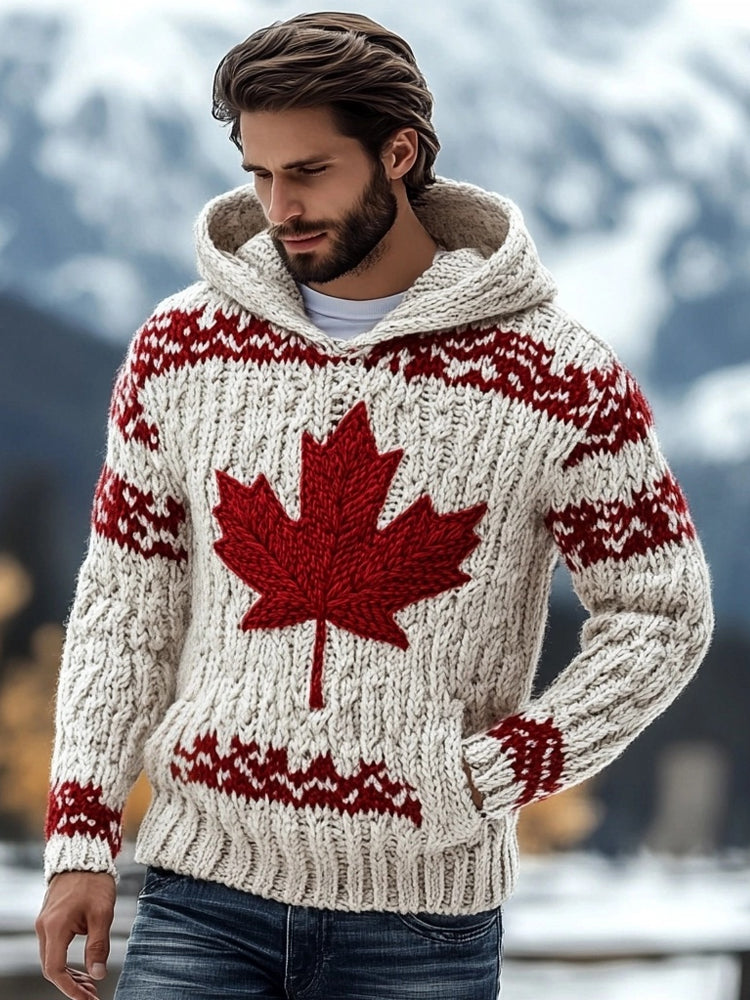 Men's Maple Leaf Embroidered Chunky Knit Hooded Sweater artswardrobe