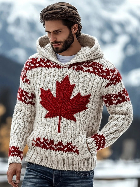Men's Maple Leaf Embroidered Chunky Knit Hooded Sweater artswardrobe