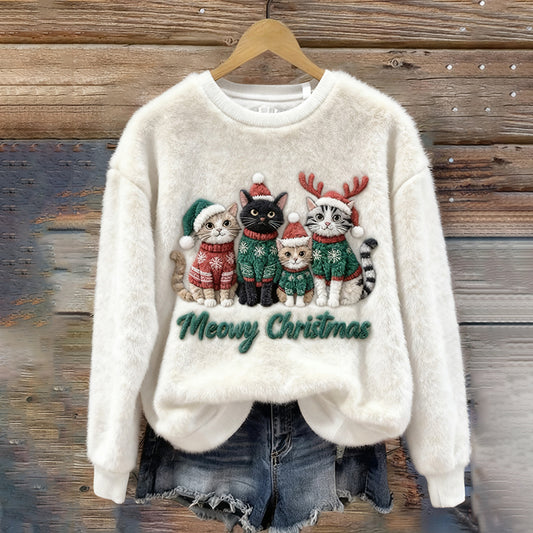 Comstylish Christmas Cat Family Plush Pattern Sweater