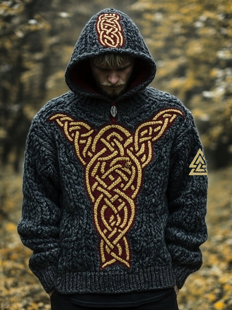 Men's Viking Inspired Celtic Jacquard Cozy Hooded Sweater artswardrobe