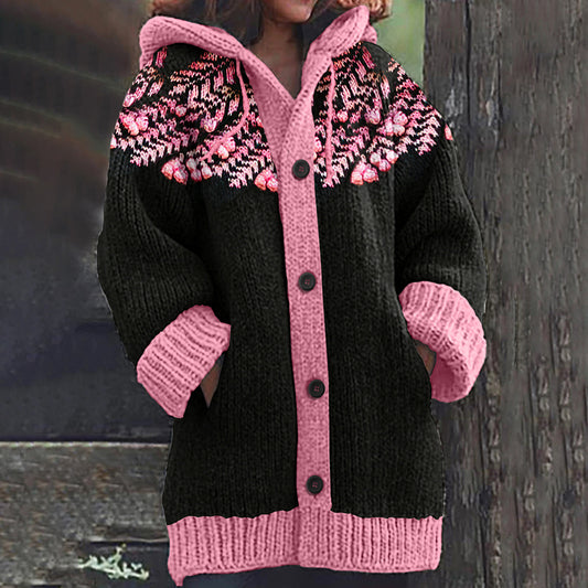 Vintage Pink Floral Embroidery Art Knit Hooded Cardigan elevenforest