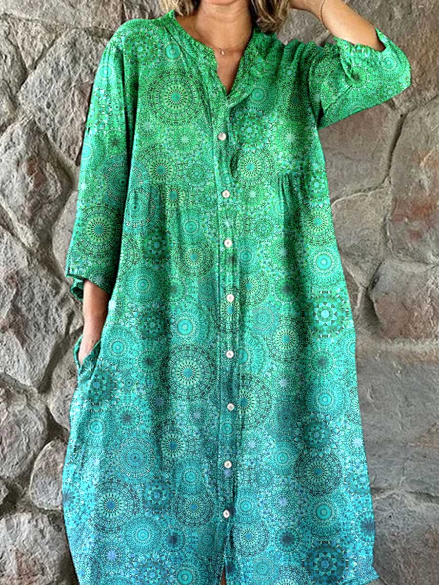 Women's Gradient Floral PatternCotton Shirt Dress