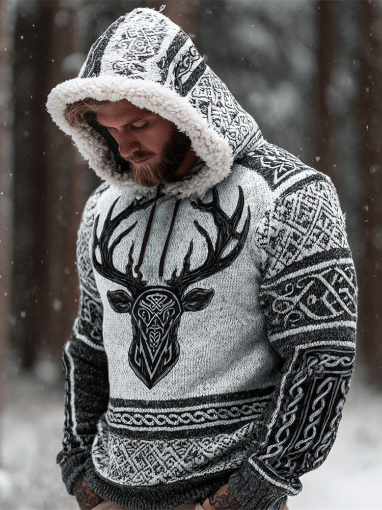 Comstylish Viking Celtic Knot & Elk Men's Fur Trim Hooded Sweater