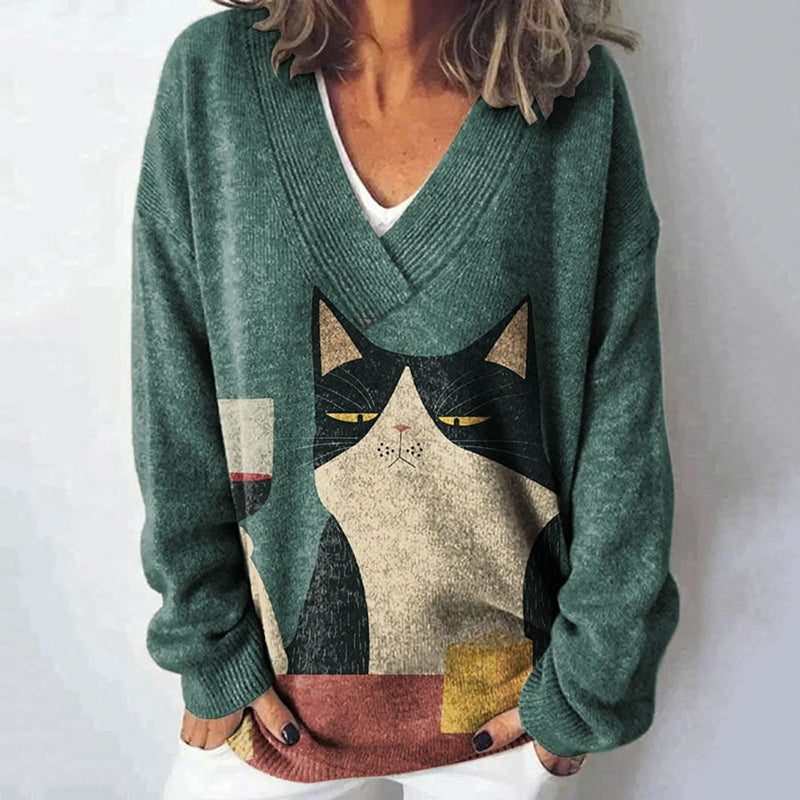 Cat Art Print V-Neck Long Sleeved Knitted Pullover Sweater elevenforest