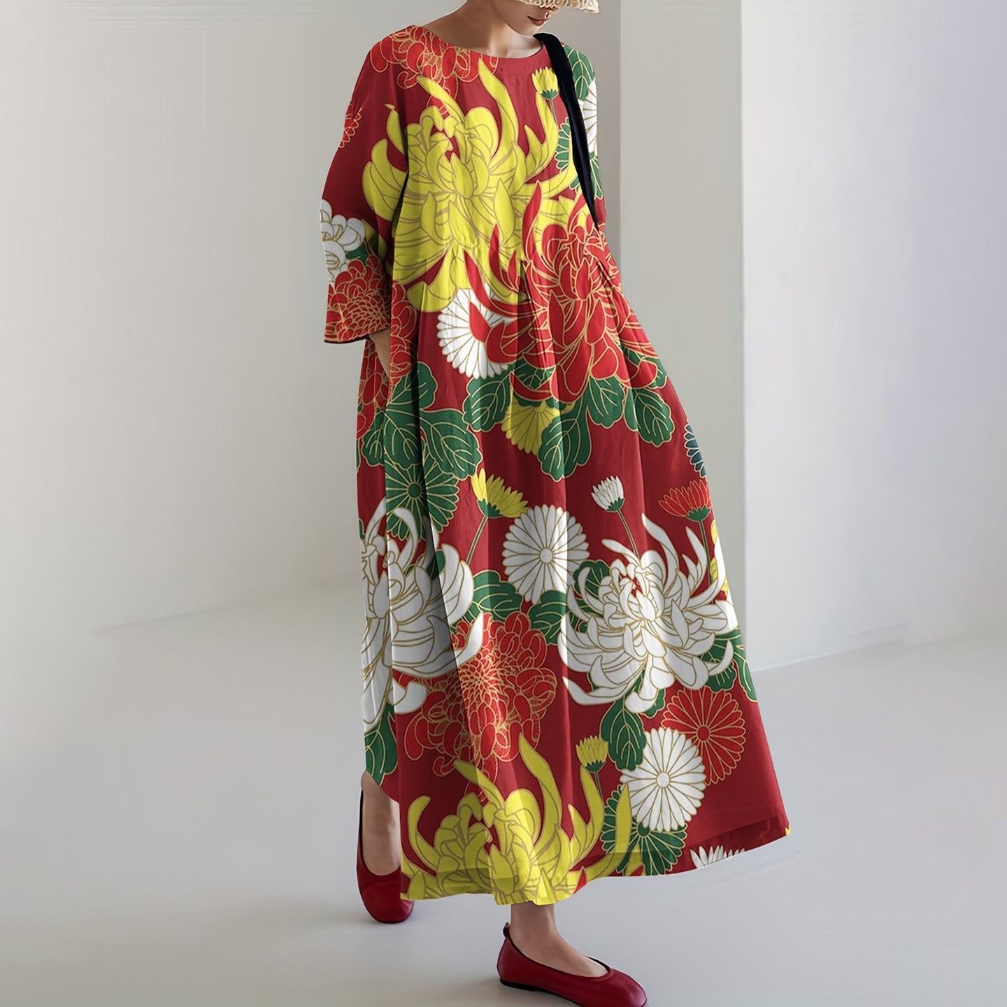 Japanese Art Chrysanthemum Print Crew Neck Casual Midi Dress