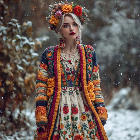 Vintage Mexican Flowers Colored Striped Cozy Sweater Cardigan artswardrobe