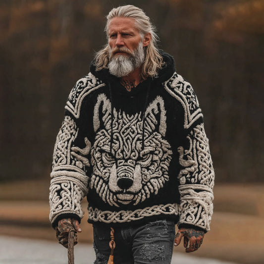 Men's Viking Celtic Wolf Pattern Cozy Casual Hooded Sweater artswardrobe