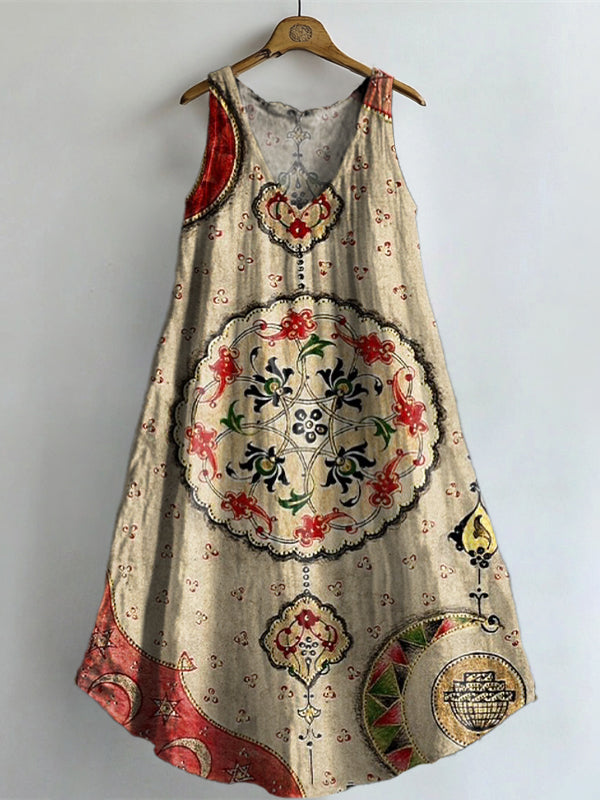 Women's Vintage Ethnic Floral Art Print V-neck Pocket Cotton Dress