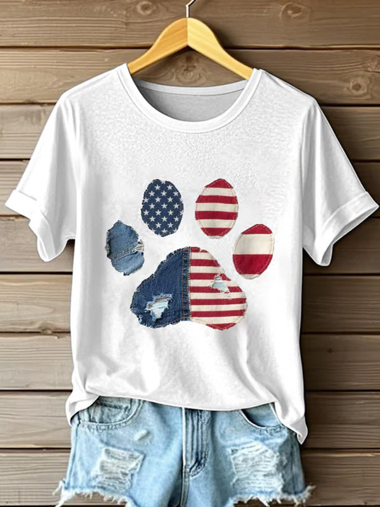 Comstylish Women's Casual Faux Denim Flag Paw Print Crew Neck T-shirt