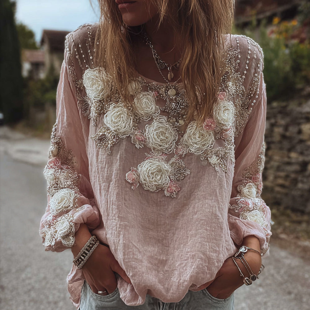 Women's Three-dimensional Flower Romantic Pink Vintage Casual Long-sleeved Top artswardrobe