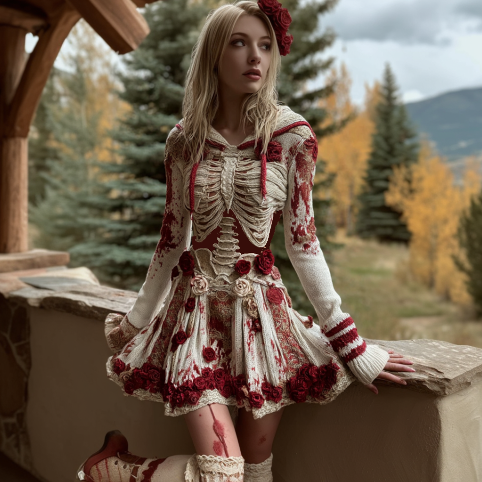 Halloween Blood Rose Women's Knit Hooded Sweater Dress artswardrobe