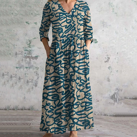 Vintage Irregular Chaotic Blue Lines Contrast Colors Art Pattern Women's Linen Dress artswardrobe
