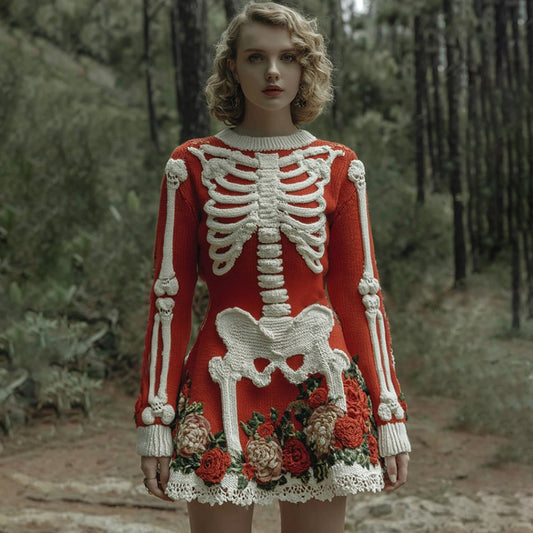 Women's Vintage Halloween Skeleton Bones Rose Comfortable Elegant Sweater Dress artswardrobe