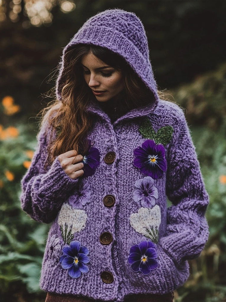 Women's Purple Flowers Embroidery Pattern Cozy Knit Hooded Cardigan elevenforest