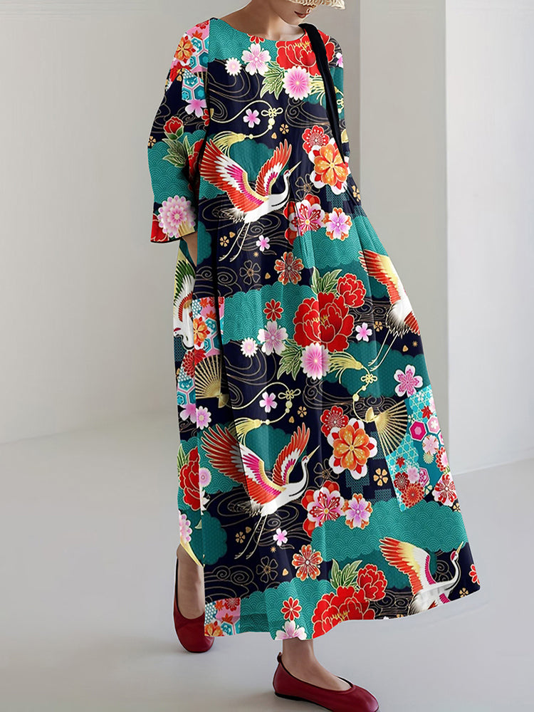 Japanese Art Crane Print Casual Midi Dress