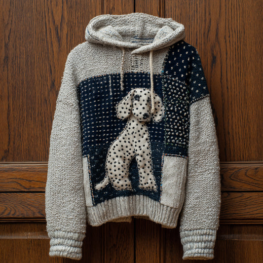 Vintage Geometric Patchwork Spotted Dog Hooded Sweater artswardrobe
