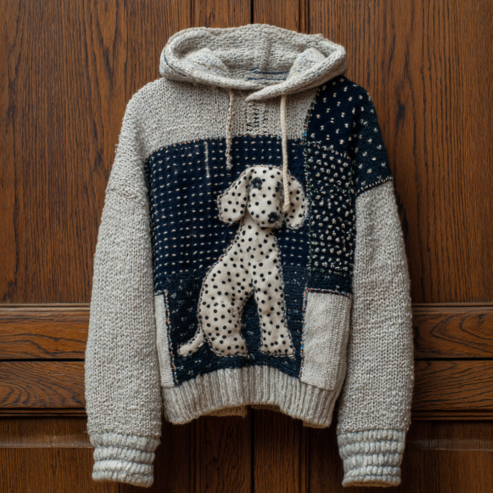 Vintage Geometric Patchwork Spotted Dog Hooded Sweater elevenforest