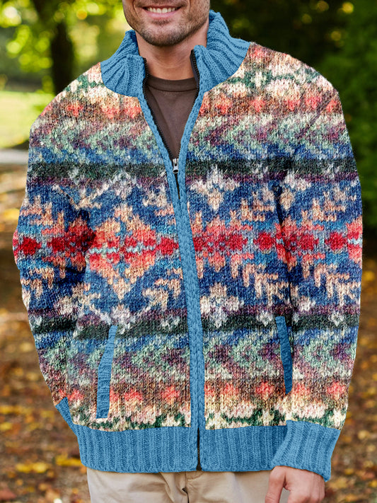 Men's Vintage Knitted Pattern Cozy Full Zip Cardigan elevenforest