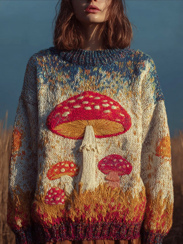 Women's Retro Mushroom Print Crew Neck Sweater artswardrobe