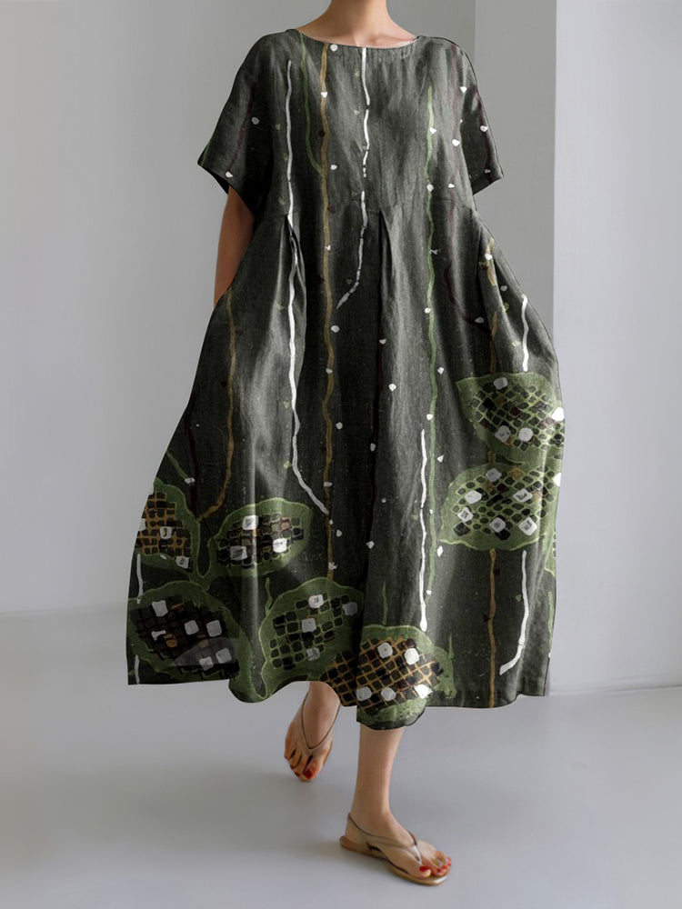 Japanese Art Flower Print Short Sleeved Loose Midi Dress