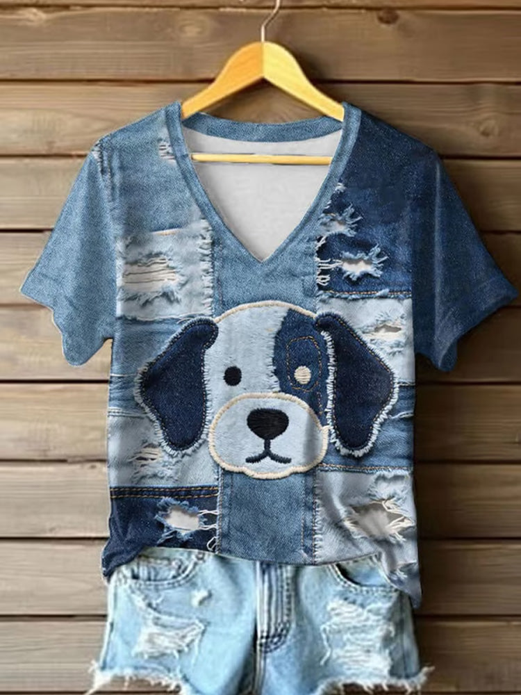 Comstylish Women's Cute Dog Patchwork Art Faux Denim V-neck T-shirt Top