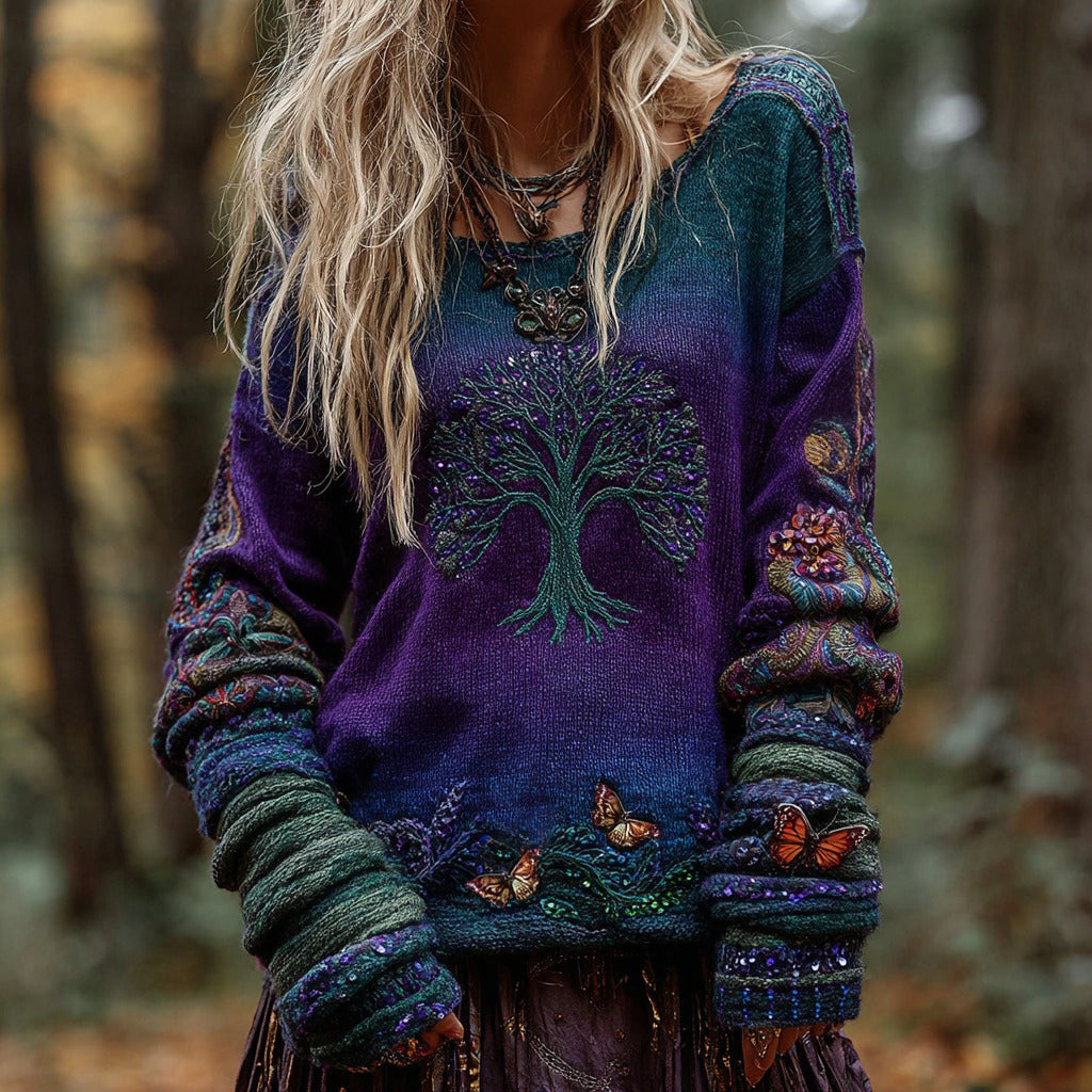 Women's Vintage Life Of Tree Knit Crew Neck Sweater elevenforest