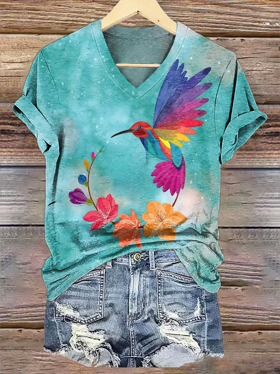 Women's Hummingbird Floral Art Print V-Neck Casual T-Shirt