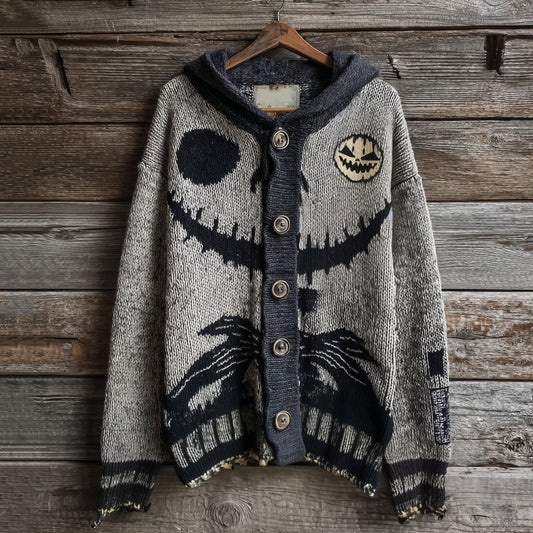 Halloween Spooky Face Contrast Stitching Cozy Knitted Hooded Sweater Cardigan elevenforest