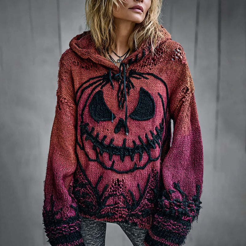 Halloween Pumpkin Face Chunky Crochet Hooded Sweater artswardrobe