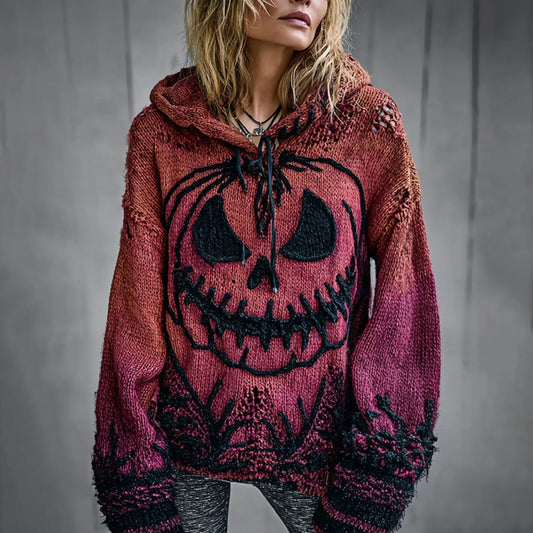 Halloween Pumpkin Face Chunky Crochet Hooded Sweater artswardrobe