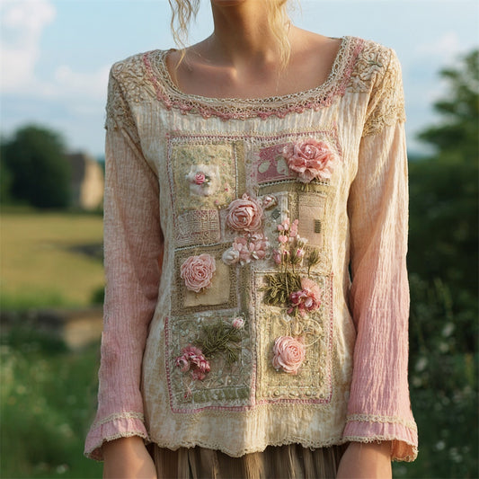 Comstylish Boho Vintage Floral Lace Patchwork Art Women's Linen Long Sleeve Shirt