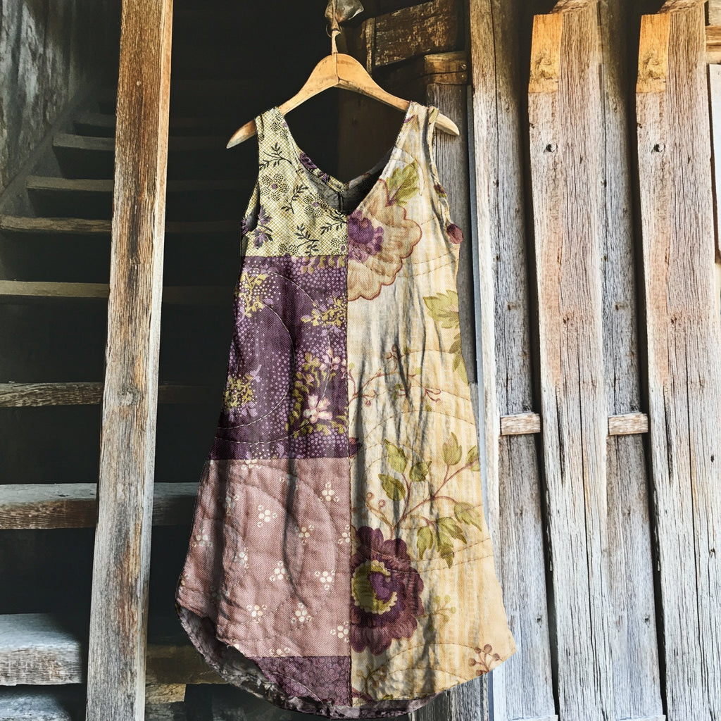 Comstylish Vintage Purple Floral Patchwork Art Linen Tank Dress
