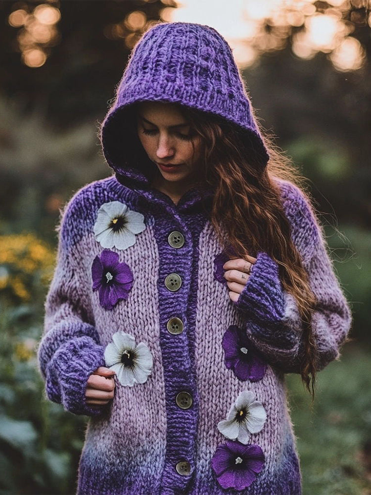 Women's Flowers Embroidery Gradient Color Cozy Knit Hooded Cardigan elevenforest