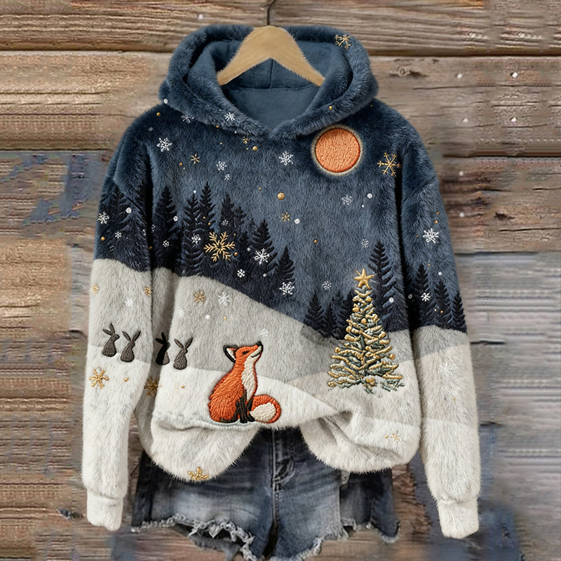 Forest Snow Fox Christmas Tree Plush Hooded Sweater artswardrobe